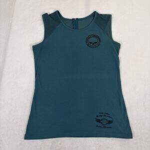 Harley Davidson Sleeveless Shirt Women's Large Green Teal Mesh Shoulder Tank Top